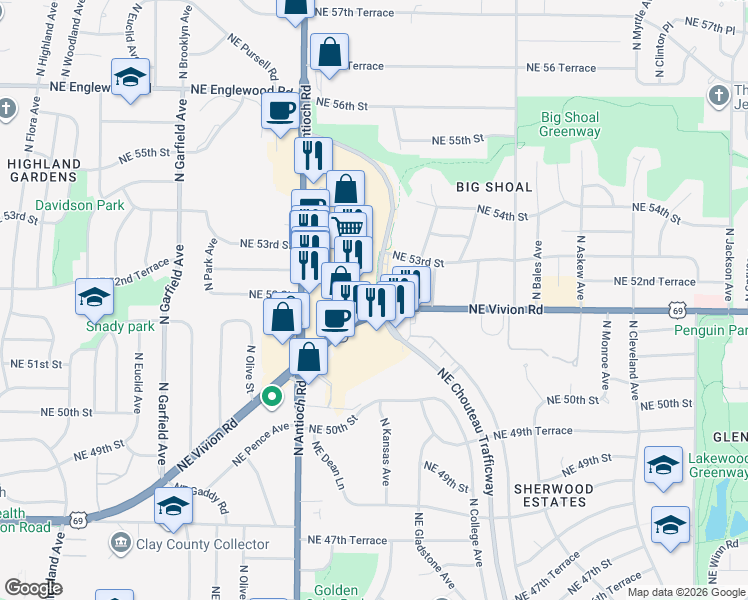 map of restaurants, bars, coffee shops, grocery stores, and more near 5219 Chouteau Trafficway in Kansas City