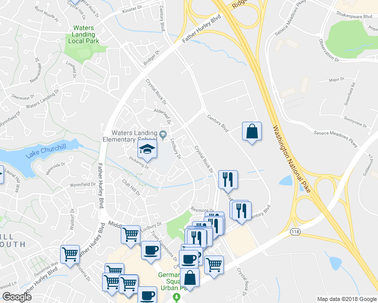 map of restaurants, bars, coffee shops, grocery stores, and more near 20229 Waters Row Terrace in Germantown
