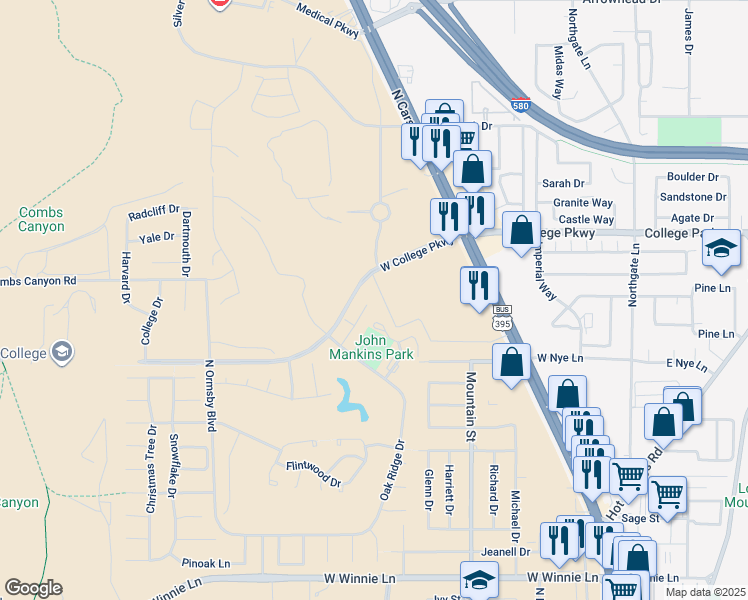 map of restaurants, bars, coffee shops, grocery stores, and more near 1111 West College Parkway in Carson City