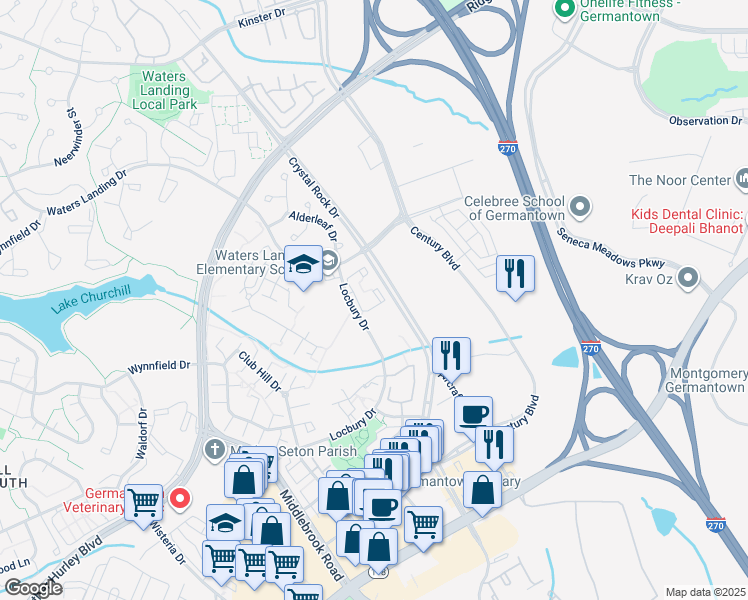 map of restaurants, bars, coffee shops, grocery stores, and more near 20229 Waters Row Terrace in Germantown