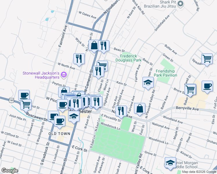 map of restaurants, bars, coffee shops, grocery stores, and more near 443 Highland Avenue in Winchester