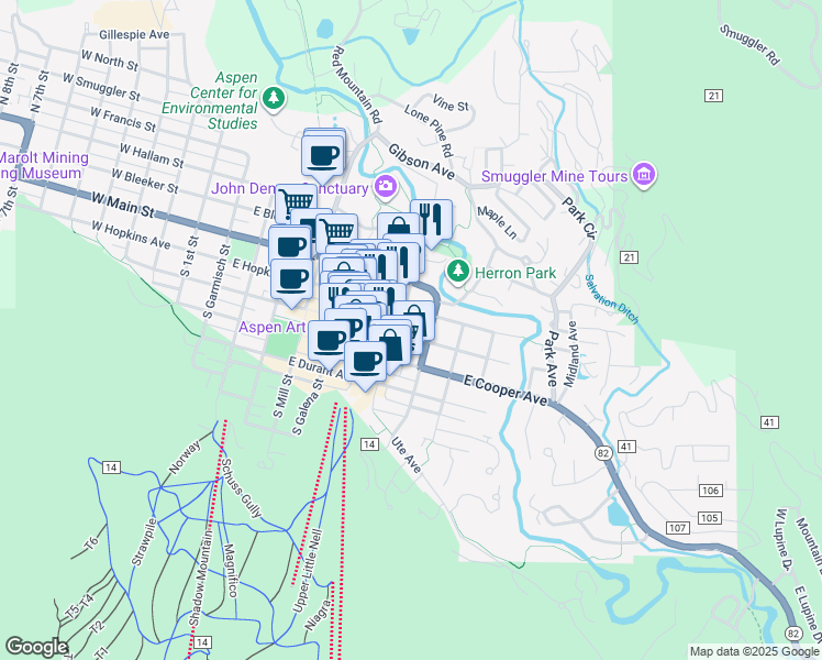 map of restaurants, bars, coffee shops, grocery stores, and more near 730 East Hopkins Avenue in Aspen