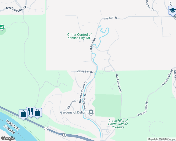 map of restaurants, bars, coffee shops, grocery stores, and more near 6101 Northwest 52nd Terrace in Kansas City