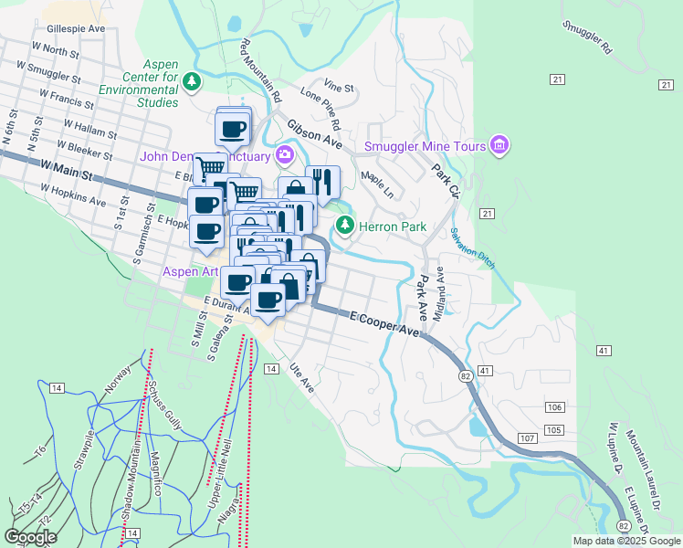 map of restaurants, bars, coffee shops, grocery stores, and more near 898 East Hopkins Avenue in Aspen
