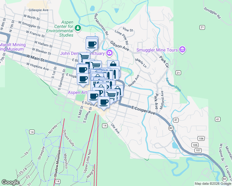 map of restaurants, bars, coffee shops, grocery stores, and more near 623 East Hopkins Avenue in Aspen