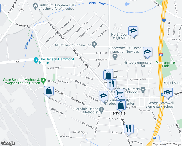 map of restaurants, bars, coffee shops, grocery stores, and more near 412 Broadview Boulevard North in Glen Burnie