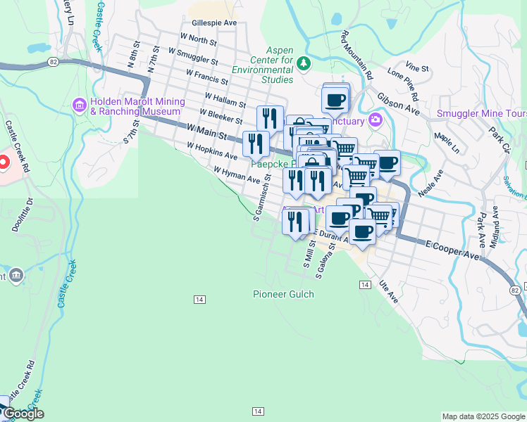 map of restaurants, bars, coffee shops, grocery stores, and more near 120 West Cooper Avenue in Aspen