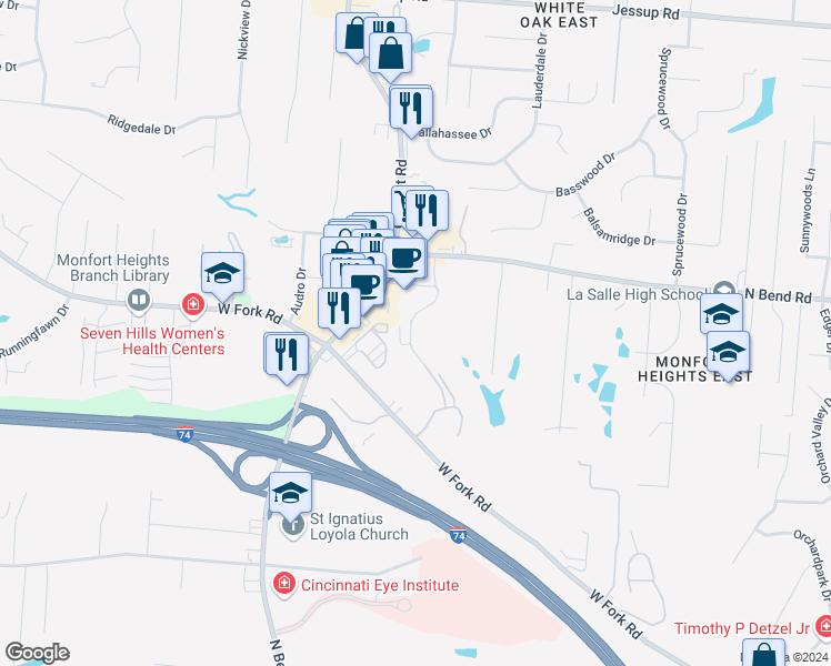 map of restaurants, bars, coffee shops, grocery stores, and more near 5420 Lees Crossing Drive in Cincinnati