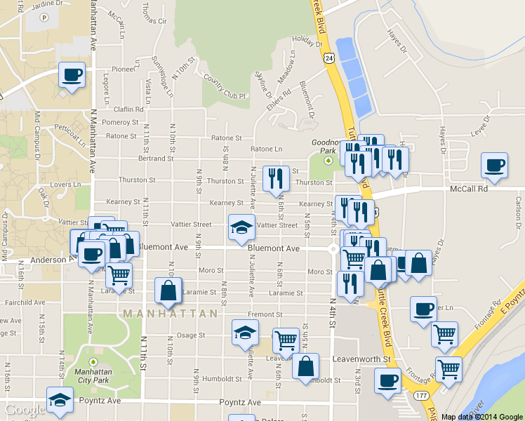 map of restaurants, bars, coffee shops, grocery stores, and more near 610 Kearney Street in Manhattan