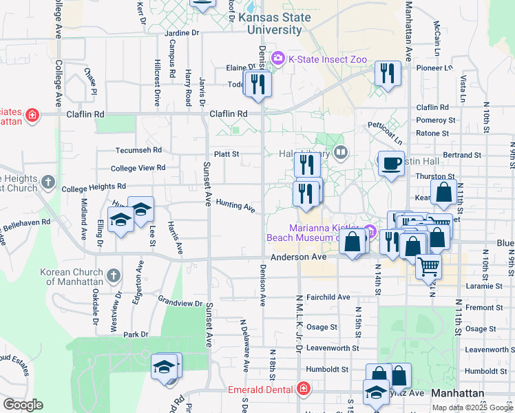 map of restaurants, bars, coffee shops, grocery stores, and more near 1825 College Heights Road in Manhattan