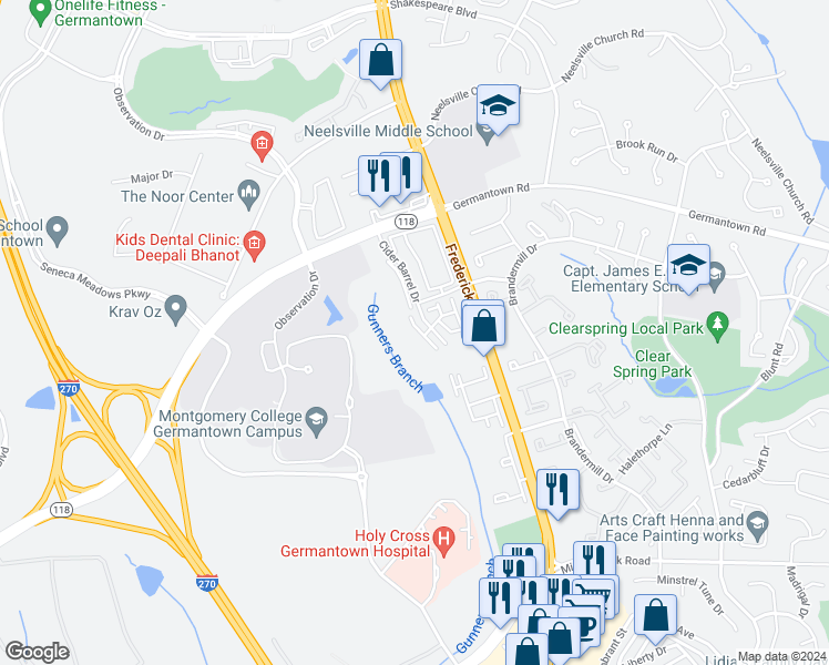 map of restaurants, bars, coffee shops, grocery stores, and more near 11920 Weybridge Lane in Germantown