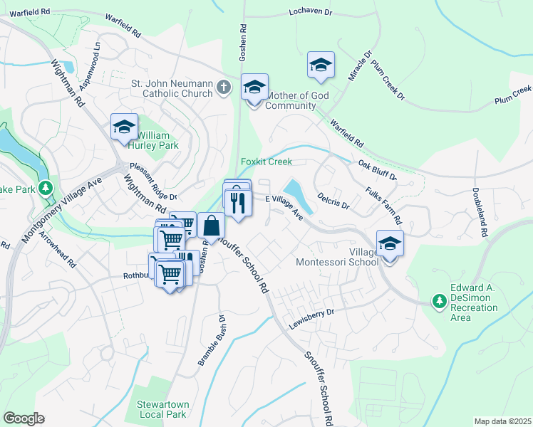 map of restaurants, bars, coffee shops, grocery stores, and more near 20314 Butterwick Way in Gaithersburg