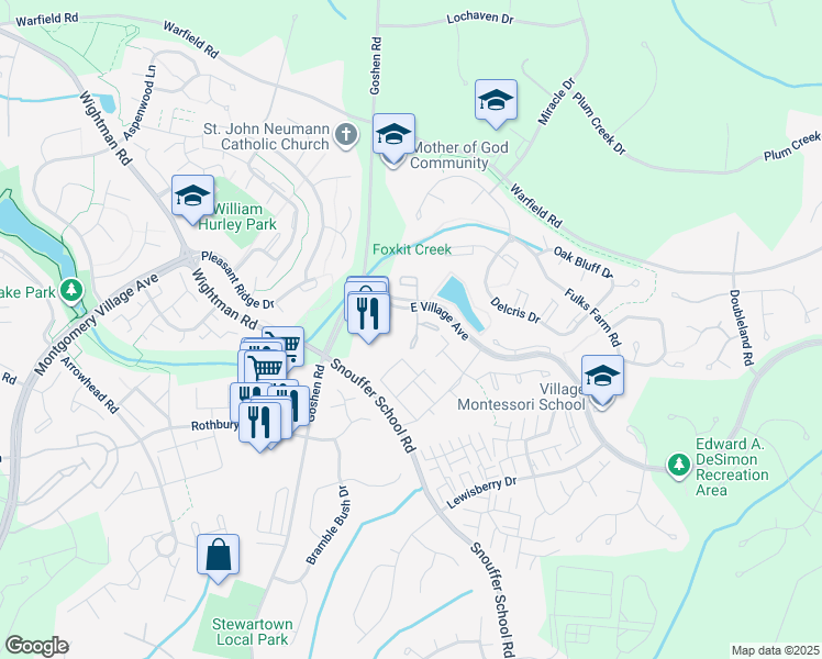 map of restaurants, bars, coffee shops, grocery stores, and more near 20314 Butterwick Way in Gaithersburg