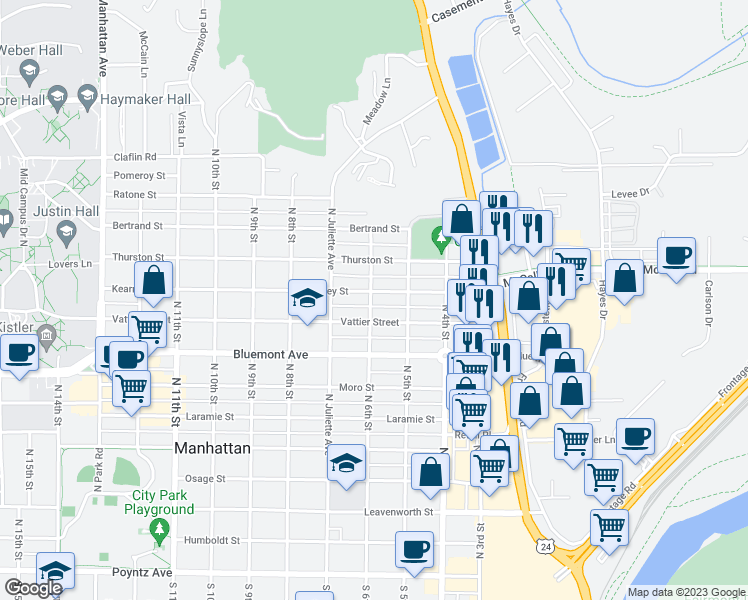 map of restaurants, bars, coffee shops, grocery stores, and more near 531 Kearney Street in Manhattan
