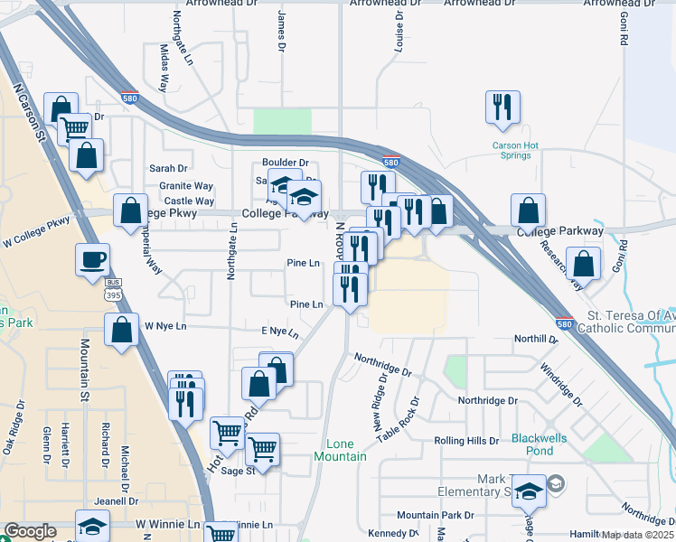 map of restaurants, bars, coffee shops, grocery stores, and more near 3326 North Roop Street in Carson City