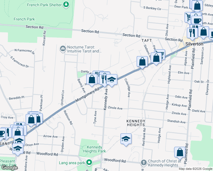 map of restaurants, bars, coffee shops, grocery stores, and more near 6560 Montgomery Rd in Cincinnati