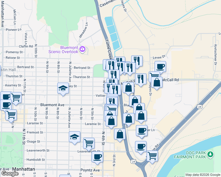 map of restaurants, bars, coffee shops, grocery stores, and more near 315 Kearney Street in Manhattan