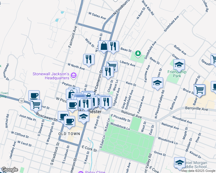 map of restaurants, bars, coffee shops, grocery stores, and more near 426 North Kent Street in Winchester