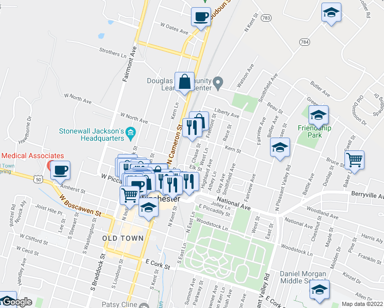map of restaurants, bars, coffee shops, grocery stores, and more near 426 North Kent Street in Winchester