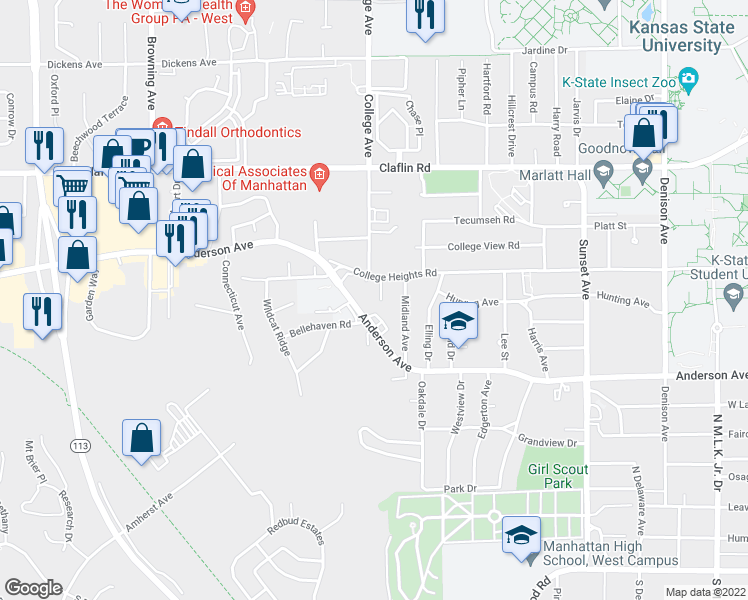 map of restaurants, bars, coffee shops, grocery stores, and more near 755 College Heights Circle in Manhattan