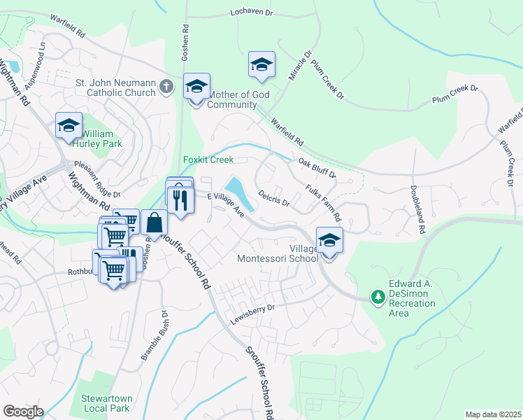 map of restaurants, bars, coffee shops, grocery stores, and more near 8821 East Village Avenue in Montgomery Village