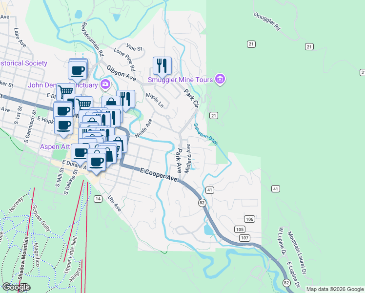 map of restaurants, bars, coffee shops, grocery stores, and more near 333 Park Avenue in Aspen