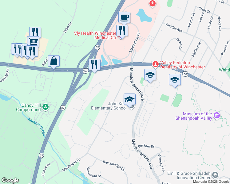 map of restaurants, bars, coffee shops, grocery stores, and more near 1945 Kathy Court in Winchester