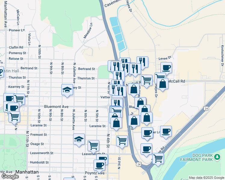 map of restaurants, bars, coffee shops, grocery stores, and more near 321 Kearney Street in Manhattan