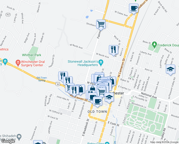 map of restaurants, bars, coffee shops, grocery stores, and more near 350 Fairmont Avenue in Winchester
