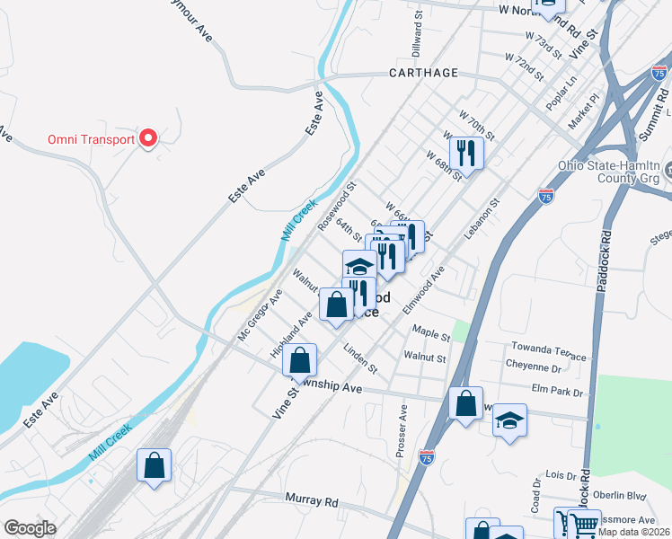 map of restaurants, bars, coffee shops, grocery stores, and more near 511 Oak Street in Elmwood Place