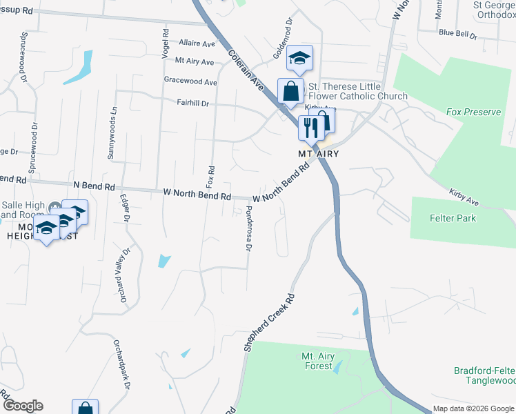 map of restaurants, bars, coffee shops, grocery stores, and more near 2717 West North Bend Road in Cincinnati
