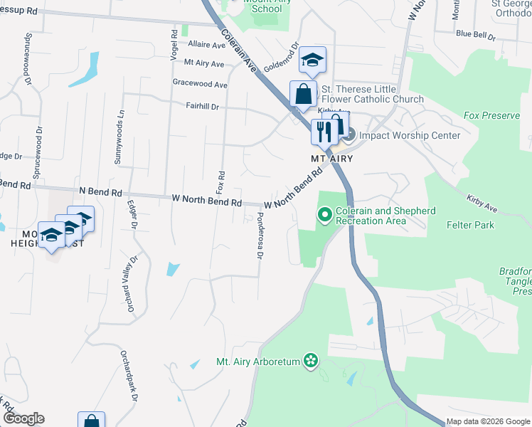 map of restaurants, bars, coffee shops, grocery stores, and more near 2717 West North Bend Road in Cincinnati
