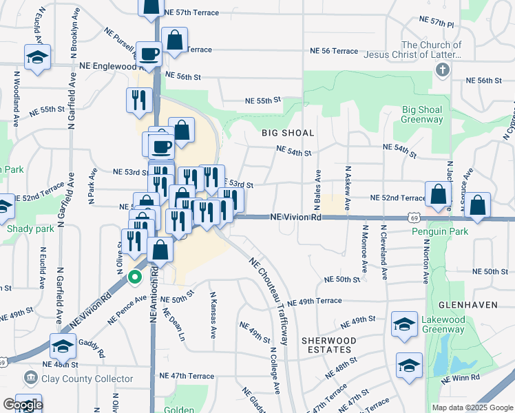 map of restaurants, bars, coffee shops, grocery stores, and more near 5218 North Walrond Avenue in Kansas City