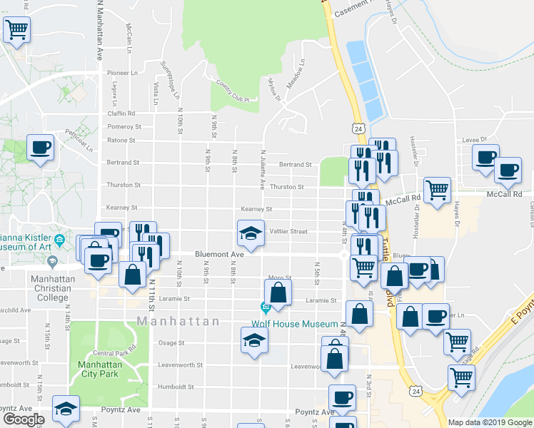 map of restaurants, bars, coffee shops, grocery stores, and more near 1003 North Juliette Avenue in Manhattan