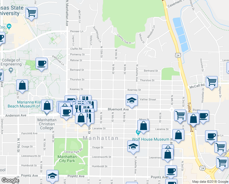 map of restaurants, bars, coffee shops, grocery stores, and more near 900 Kearney Street in Manhattan