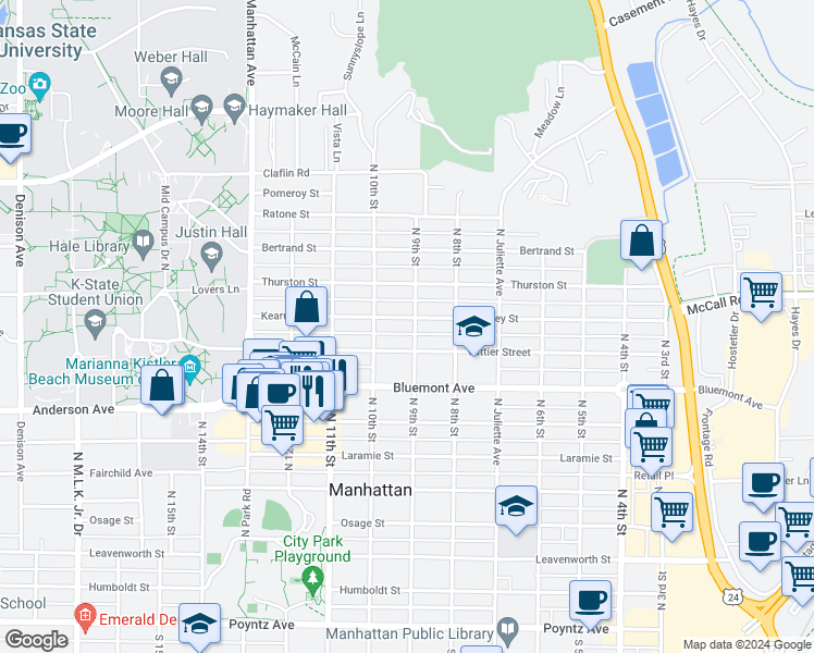 map of restaurants, bars, coffee shops, grocery stores, and more near 900 Kearney Street in Manhattan
