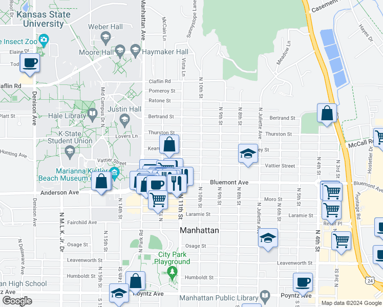 map of restaurants, bars, coffee shops, grocery stores, and more near 1030 Kearney Street in Manhattan
