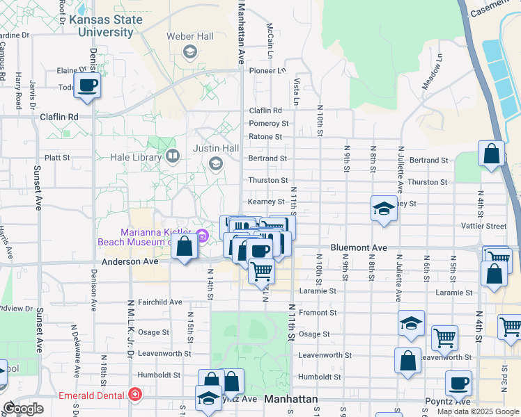 map of restaurants, bars, coffee shops, grocery stores, and more near 1130 Kearney Street in Manhattan