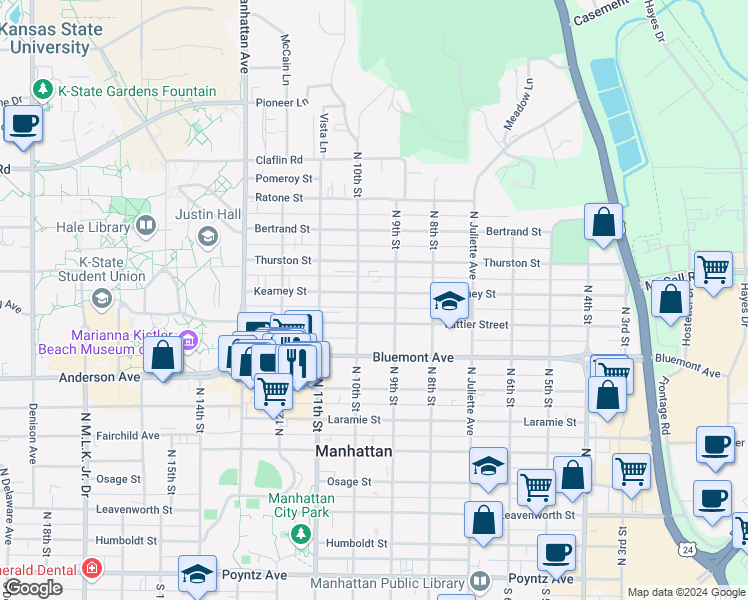 map of restaurants, bars, coffee shops, grocery stores, and more near 917 Kearney Street in Manhattan