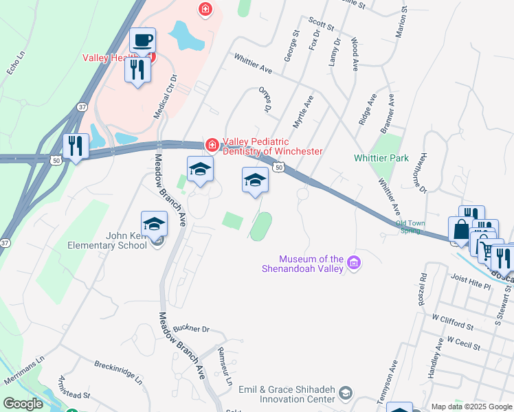 map of restaurants, bars, coffee shops, grocery stores, and more near 1313 Amherst Street in Winchester