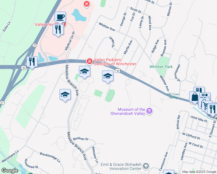 map of restaurants, bars, coffee shops, grocery stores, and more near 1313 Amherst Street in Winchester