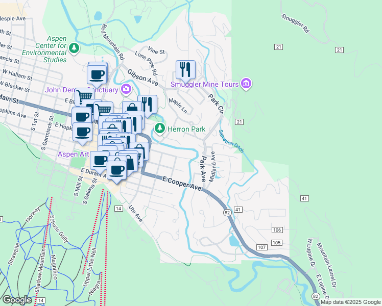 map of restaurants, bars, coffee shops, grocery stores, and more near 333 Park Avenue in Aspen