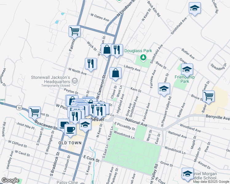 map of restaurants, bars, coffee shops, grocery stores, and more near 430 Chase Street in Winchester