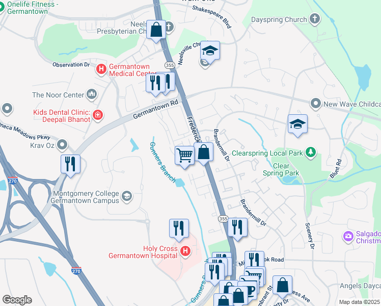 map of restaurants, bars, coffee shops, grocery stores, and more near 11814 Regents Park Drive in Germantown