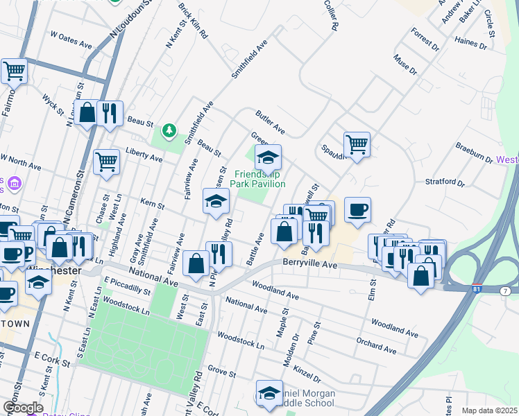 map of restaurants, bars, coffee shops, grocery stores, and more near 603 Battle Avenue in Winchester