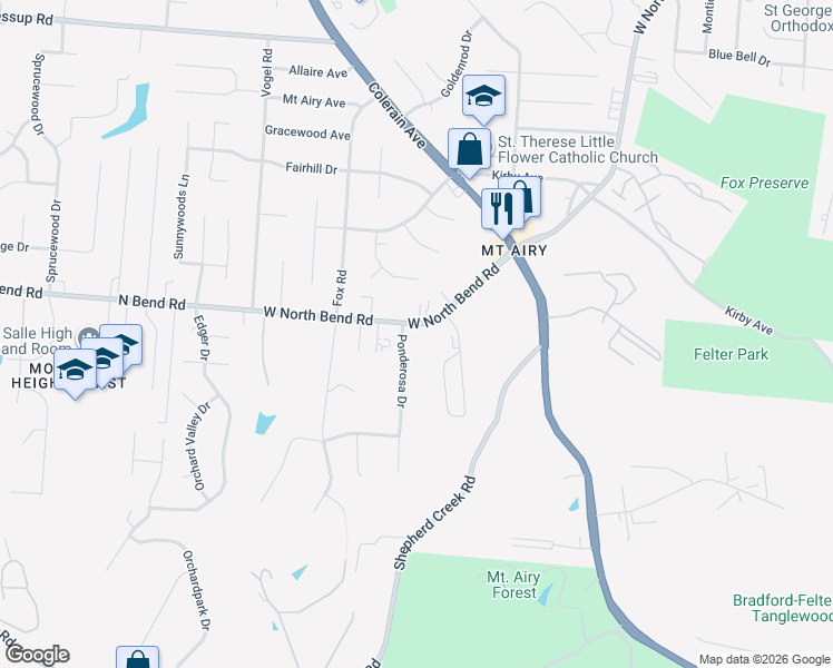 map of restaurants, bars, coffee shops, grocery stores, and more near 2717 West North Bend Road in Cincinnati