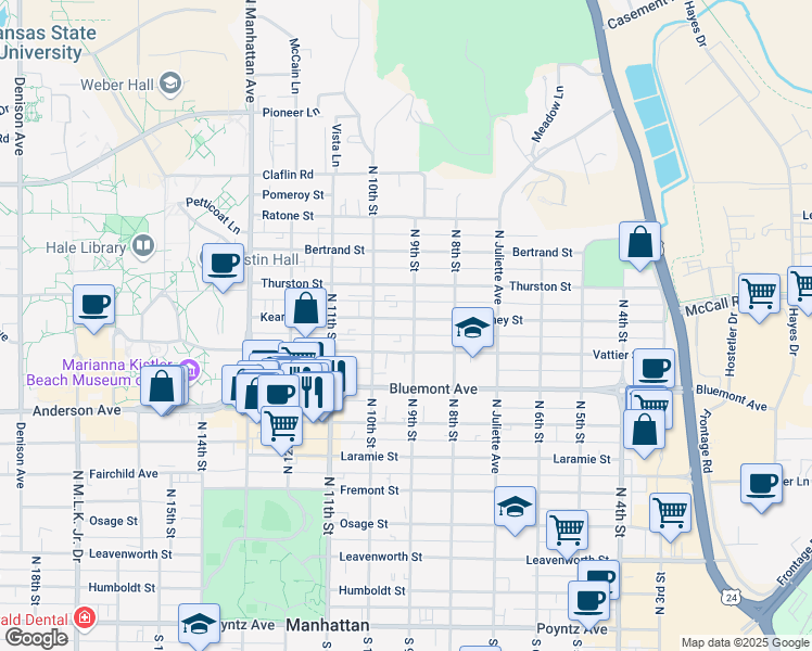 map of restaurants, bars, coffee shops, grocery stores, and more near 901 Kearney Street in Manhattan