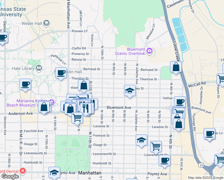 map of restaurants, bars, coffee shops, grocery stores, and more near 901 Kearney Street in Manhattan