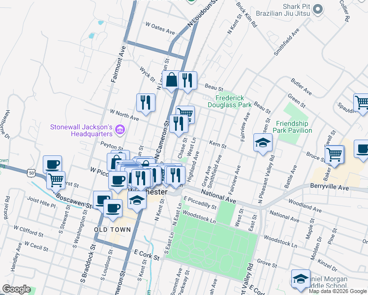 map of restaurants, bars, coffee shops, grocery stores, and more near 434 North Kent Street in Winchester