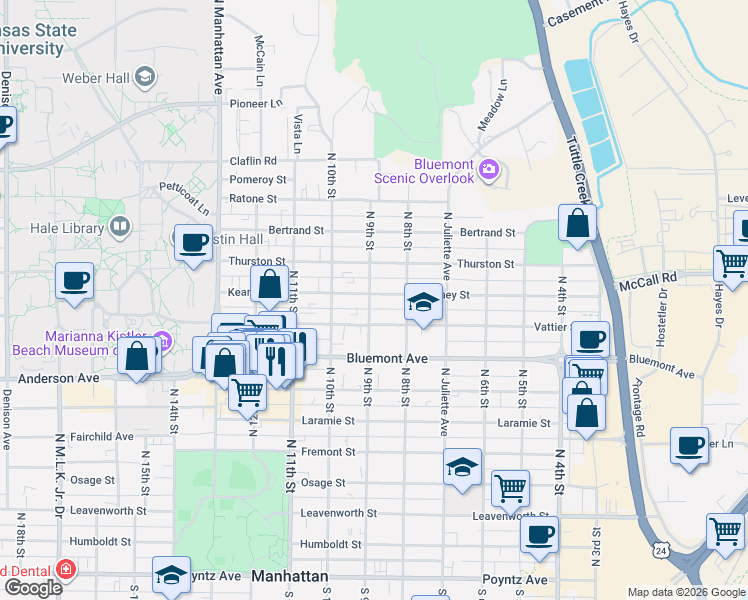 map of restaurants, bars, coffee shops, grocery stores, and more near 900 Kearney Street in Manhattan
